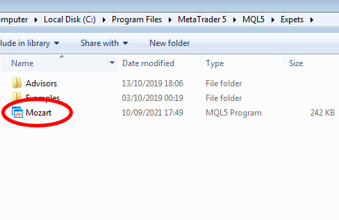 instalar robô na pasta experts do metatrader 5